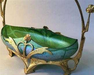 Art Nouveau Iridescent Glass and Metal Basket in the Style of Loetz
