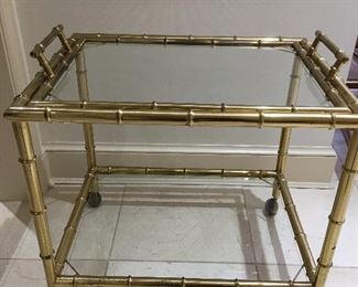 Vintage Faux Bamboo Brass Bar Cart/End Table on Casters 
