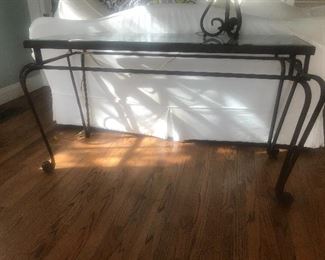$375 -- Carlisle Design Wrought Iron Console Table with Beveled Glass top.   Length 57" (including extension of curved legs) x width 24" x height 29".  Excellent condition.  