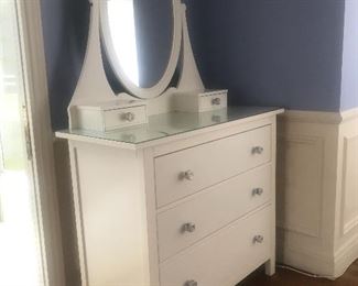 $200 -- Ikea white glass-top dresser with attached mirror and custom drawer pulls.  As is, marks on top under glass.  