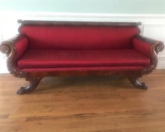$2,500 -- 1825 Empire mahogany sofa with hand-carved acanthus and claw feet, new Dupioni red silk upholstery. Excellent condition.  A few superficial scratches at base.  Length 6.5' x depth 24" x height 33".  