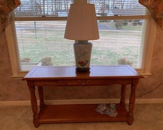 #2	Oak console table with shelf and faux drawer 52"x17.5"x26"	 $40.00 
