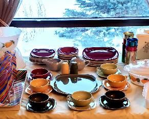 Crockery, 9 piece glasses set, multi color dish set, canister set & three Pyrex dishes