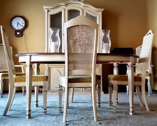 64" dining table, 18" leaf, four side chairs, two host chairs,  pads & lighted china cabinet - 80" tall - 51" wide  16" deep
