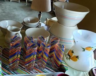 Crockery bowls & collector's set colorful glasses & tray