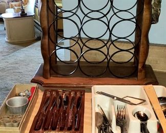 Wine rack, steak knives, flatware etc.
