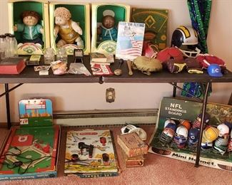 Cabbage Patch dolls, games, mini football helmets etc.