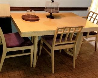 Solid dining table, two leaves, pads, host chair & 2 side chairs