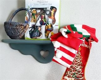 Wall shelf, basket, Disney tree trimming set & Christmas stockings