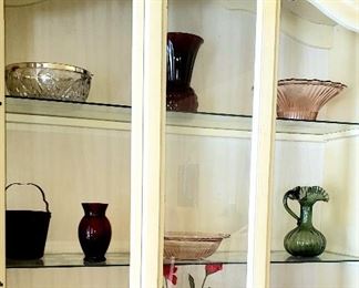 Salad bowl, ruby vase, depression glass bowel, glass basket, small vase, depression glass, mini green pitcher, depression glass sectioned dish, vases & red glass stemware 
