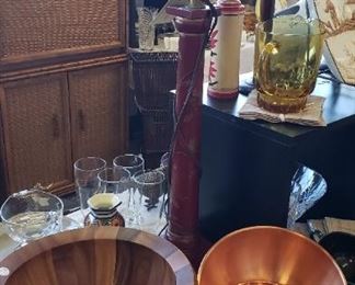 Nambe wood salad bowl, Copper bowls