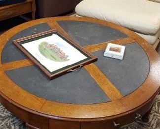 40" round wood and slate coffee table