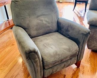 $295 - Ultra suede  recliner; Made In USA by Southern Motion; Color is close to Benjamin Moore “Green Brook” / grey green; 38"H x 33.5"W x 32"D (seat height 19"H)