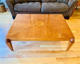 $300 - Ethan Allen Medallion Collection wood inlay cocktail table. 17.5"H x 50"W x 35"D.  As is.
