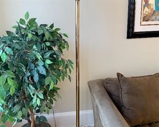 $80 - Metal and edged glass shade torchiere floor lamp. 68"H.  Glass shade 17"D 