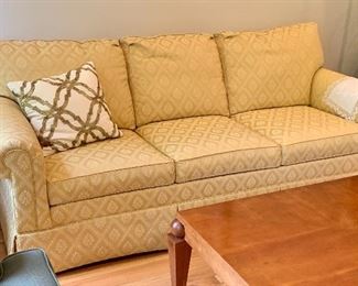 $595 - Ethan Allen three cushion upholstered roll arm sofa.  32"H x  80.5 W x 38"D (seat height 19"H)