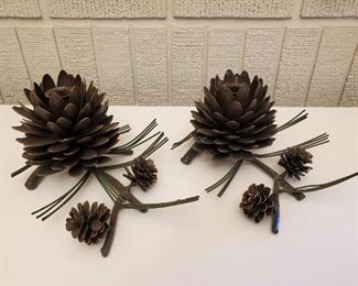 $40 - Pair Metal Pinecone Candleholders - each 5" H x 10" W x 7"