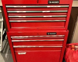 $75 - Set - Husky metal tool chests; Top 13”W  x 26.5”H x 15.5”H; Bottom 27” L x 17” W x 30”H