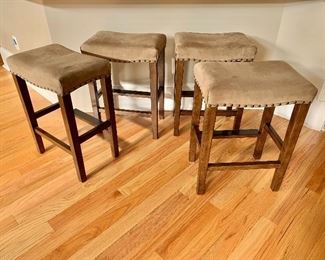 $240 - 6 ultra suede, studded bar stools; 18” L x 13” W x 25” H