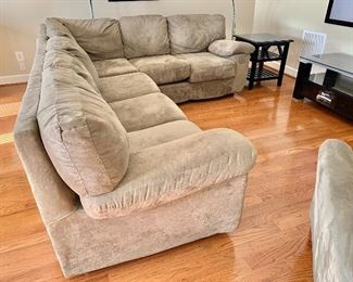 $495 - Ultra suede, sectional, five cushion sleeper sofa ; color is close to Benjamin Moore “Green Brook” / gray green; 33.5"H x 115"L x 89"L  x 36"D