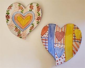 $30 - Pair of Hand painted Heart Plates - Signed "BD", 9" H x 8" W