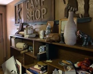 Various Books, Clay Vase, Miscellaneous Vintage Items, Wooden Camp Shop Sign, Animal Figurines