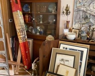 Wooden China Cabinet, Vintage Wine Glasses, Vases, Dishes, Framed Artwork, and Various Vintage Items
