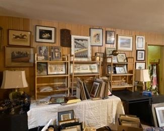 Framed Artwork, Vintage Lamps,  and Bookshelf