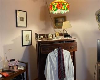 Vintage Ceiling Lamp, Wooden Dresser, Framed Artwork, and Men's Clothing