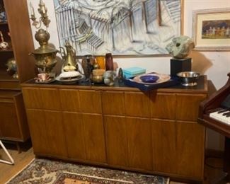 Wooden Dresser, Bronze Vase,  Woven Wool Area Rug, Marble Sculpture, and Various Vintage Items