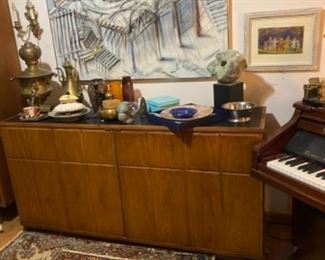 Wooden Dresser, Bronze Vase,  Woven Wool Area Rug, Marble Sculpture, and Various Vintage Items