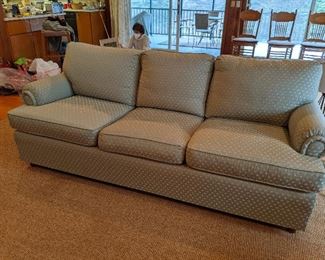 Neutral green and taupe three cushion Ethan Allen couch $380  Small split in cushion on edge easily repaired.  84 x35x33