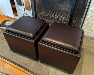 Pair of black leather Crate and Barrel storage ottomans  $90