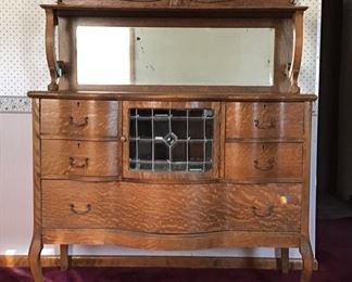 Antique Oak Sideboard/ Server w/ Leaded Glass Door
