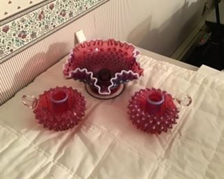 Fenton Opalescent Plum Hobnail and Pair of Cranberry Candleholders