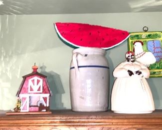 Mammy Cookie Jar $80, Barn $23, Watermelon $15, Milk Can $49, Chicken $8