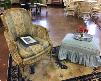 French style chair with upholstered ottoman and brand new Wedgwood frame