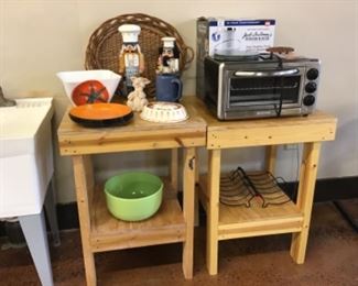 Kitchen items. Working toaster oven, brand new power juicer, plus wooden tables.