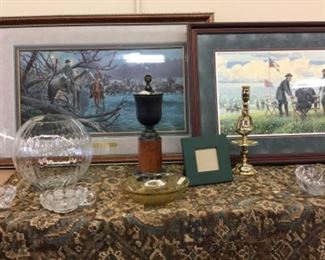 Two  of four large,, well framed pictures depicting scenes from the Civil War with crystal items.