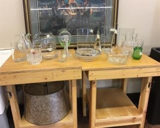 Various crystal vases, etc., metal lamp shade, number four of the Civil War pictures with wooden tables for sale.