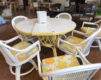 Heavy table with leaf and six very sturdy chairs.