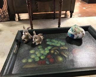 Sweet tray table and Boehm rabbits.