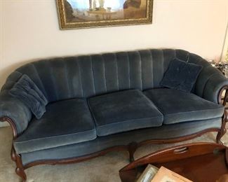 Blue velvet antique sofa in good condition. $200. For sale EARLY.