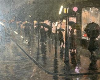 Oil Painting on Canvas Paper Rainy City Street
