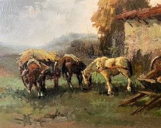 Oil Painting of Western Ranch House & Horses
