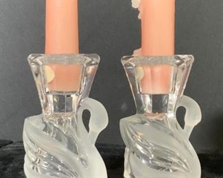Pair Art Glass Frosted Swan Candlesticks
