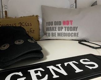 metal gents signs, ladies concho caps, pillows, enamel trays