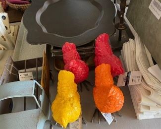 truck wine holders, resin chickens, metal candle sticks
