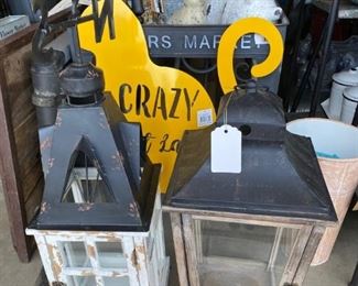 decorative lanterns, farmers market table, crazy cat lady yard sign