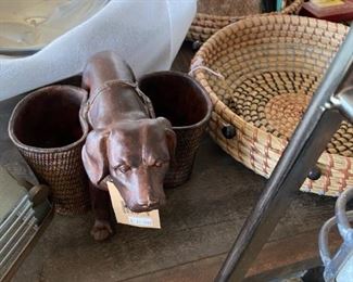 resin dog, decorative basket, glass bowls